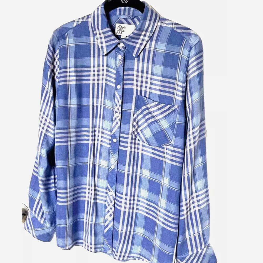 Cosmic Blue Love Women’s Blue and White Plaid Button-Up Shirt – Size S